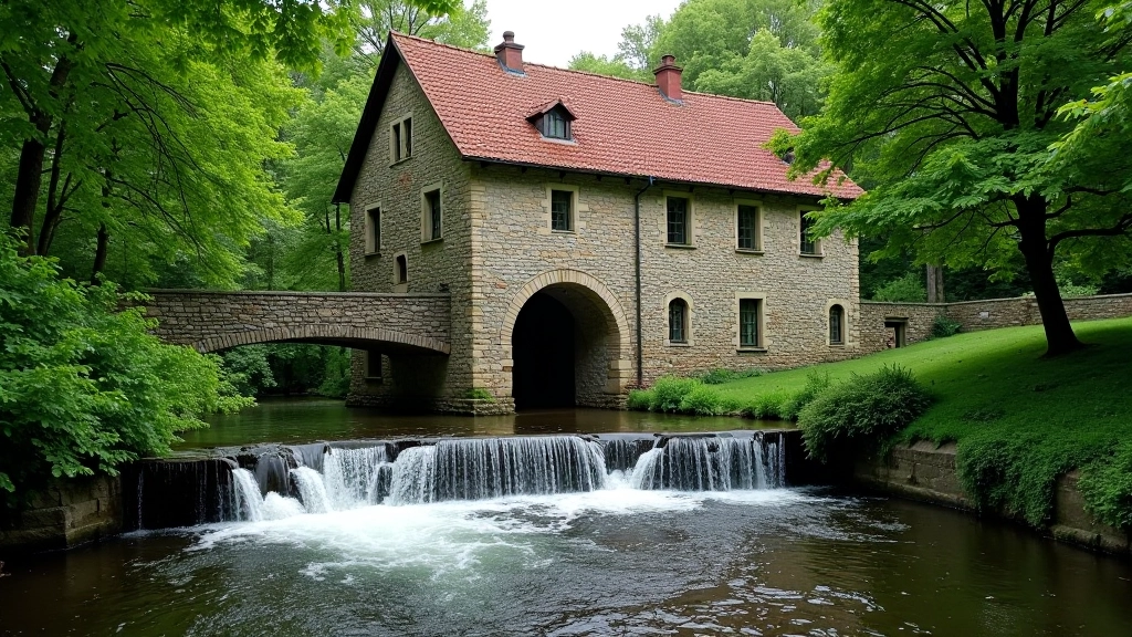 Senovinis vandens malūnas šalia upės su akmens architektūra